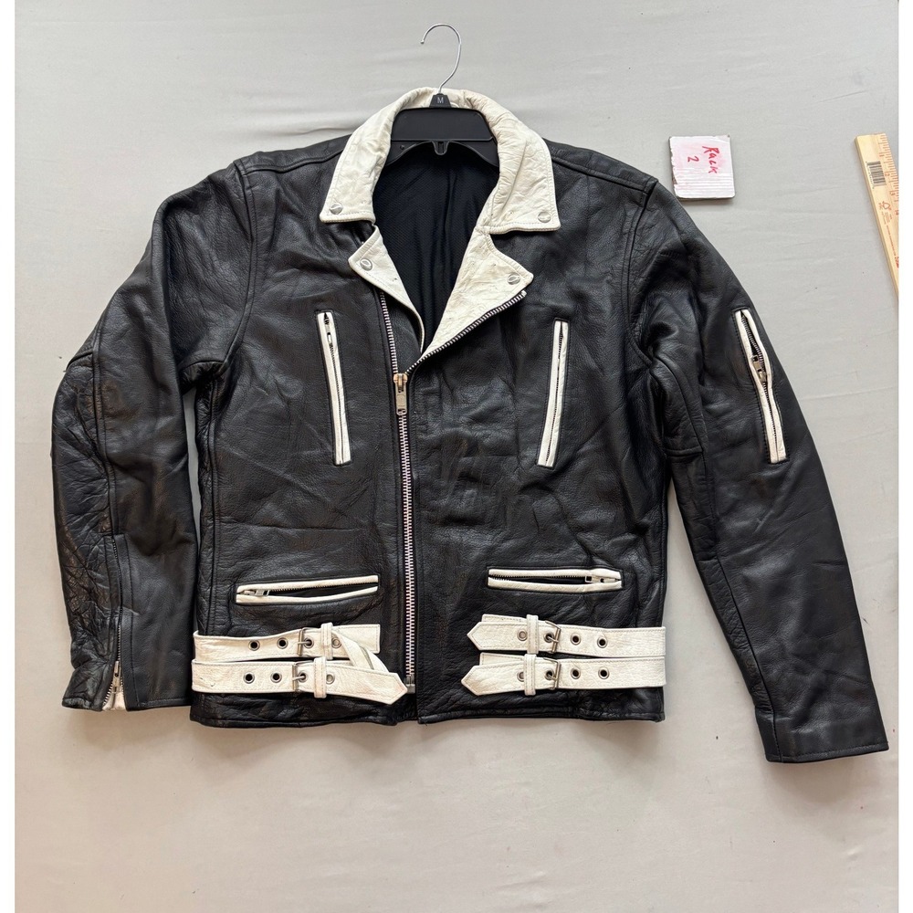 Vintage Black Leather Motorcycle Jacket White Contrast Biker Cafe Racer Size 44